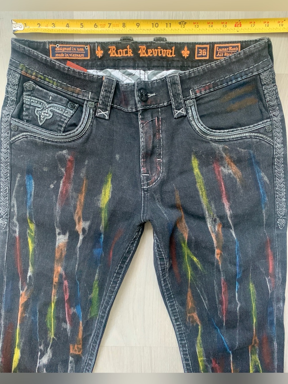 Rock Revival Lunar Rock Alt Straight Men’s Black Jeans with Multicolor Streaks - Picture 13 of 16